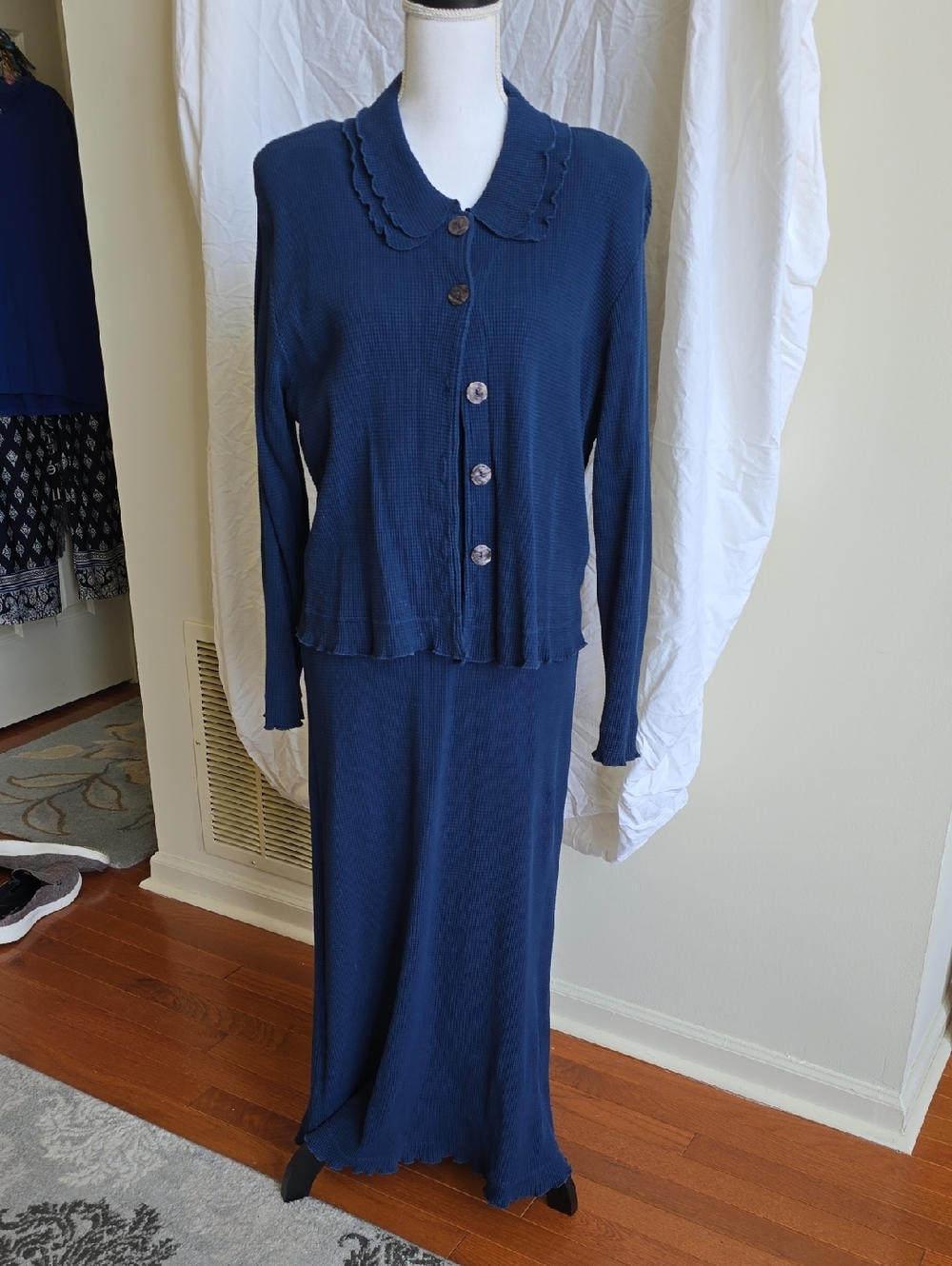 Focus Dark Teal Blue Waffle-Knit Button-Up Top